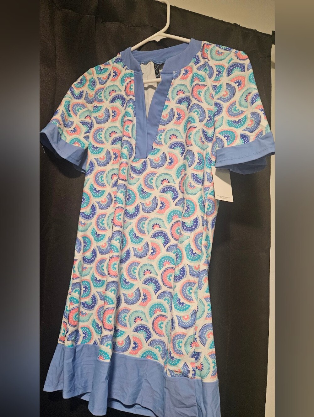 Blue Multi Swim Coverup Dress with Short Sleeves
